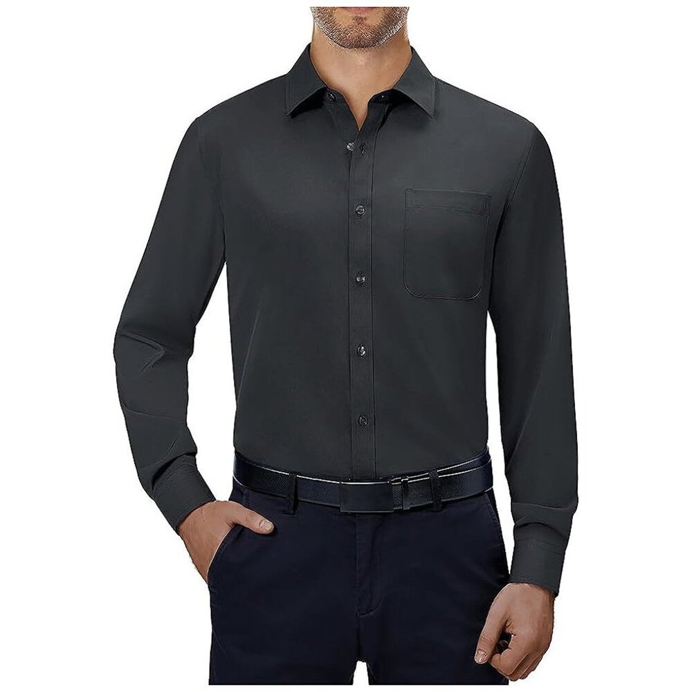 Mens Dress Shirts 4-Way Stretch Long Sleeve Collared Casual Carbon Grey